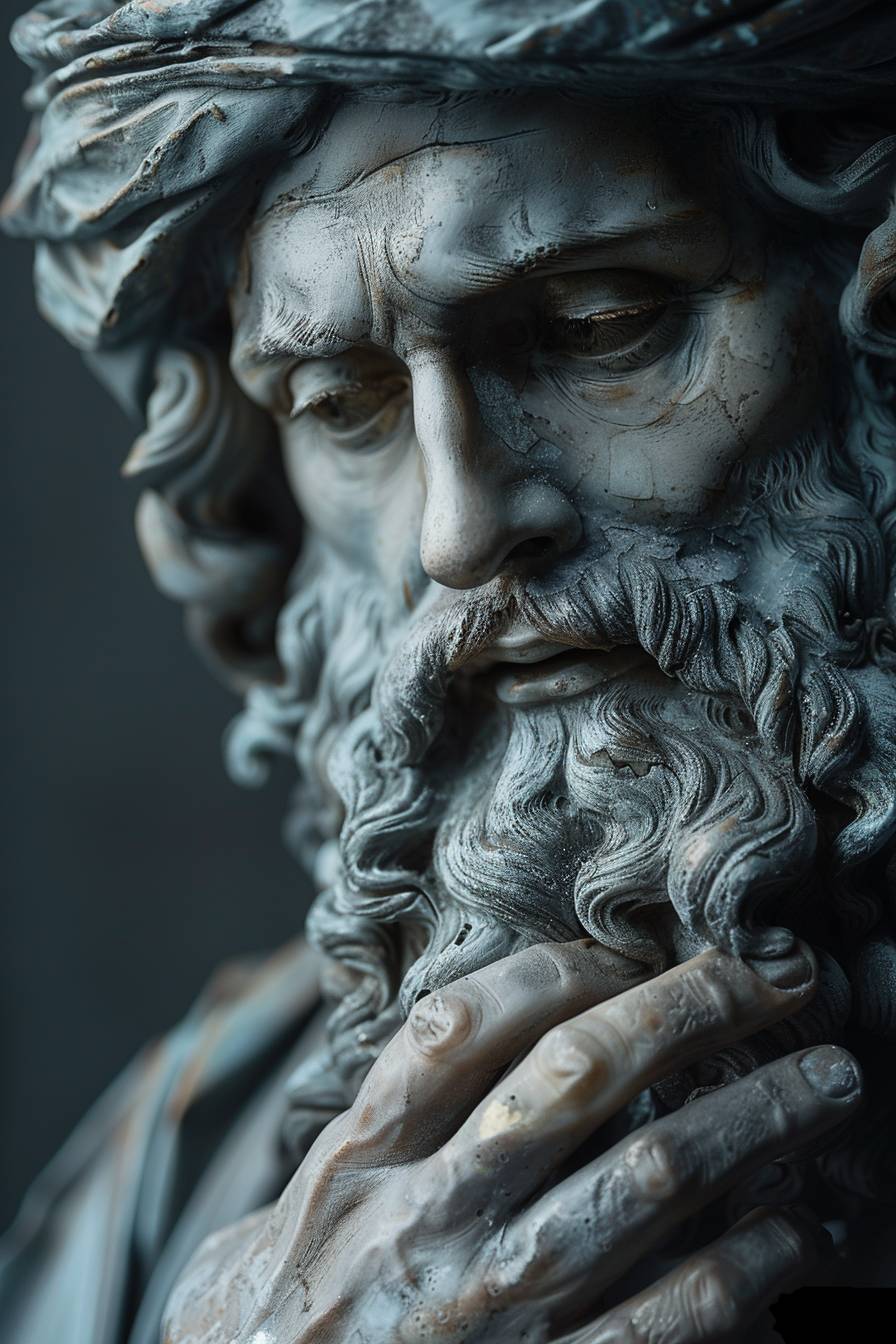 An AI generated image of an old man thinking, Greek style statue